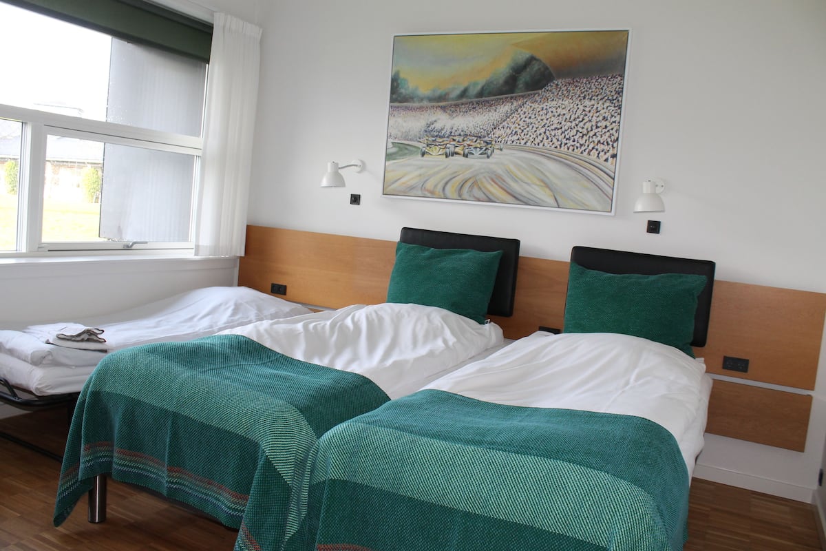 Habitación de hotel con dos camas individuales, un cuadro grande en la pared y una ventana con cortinas.