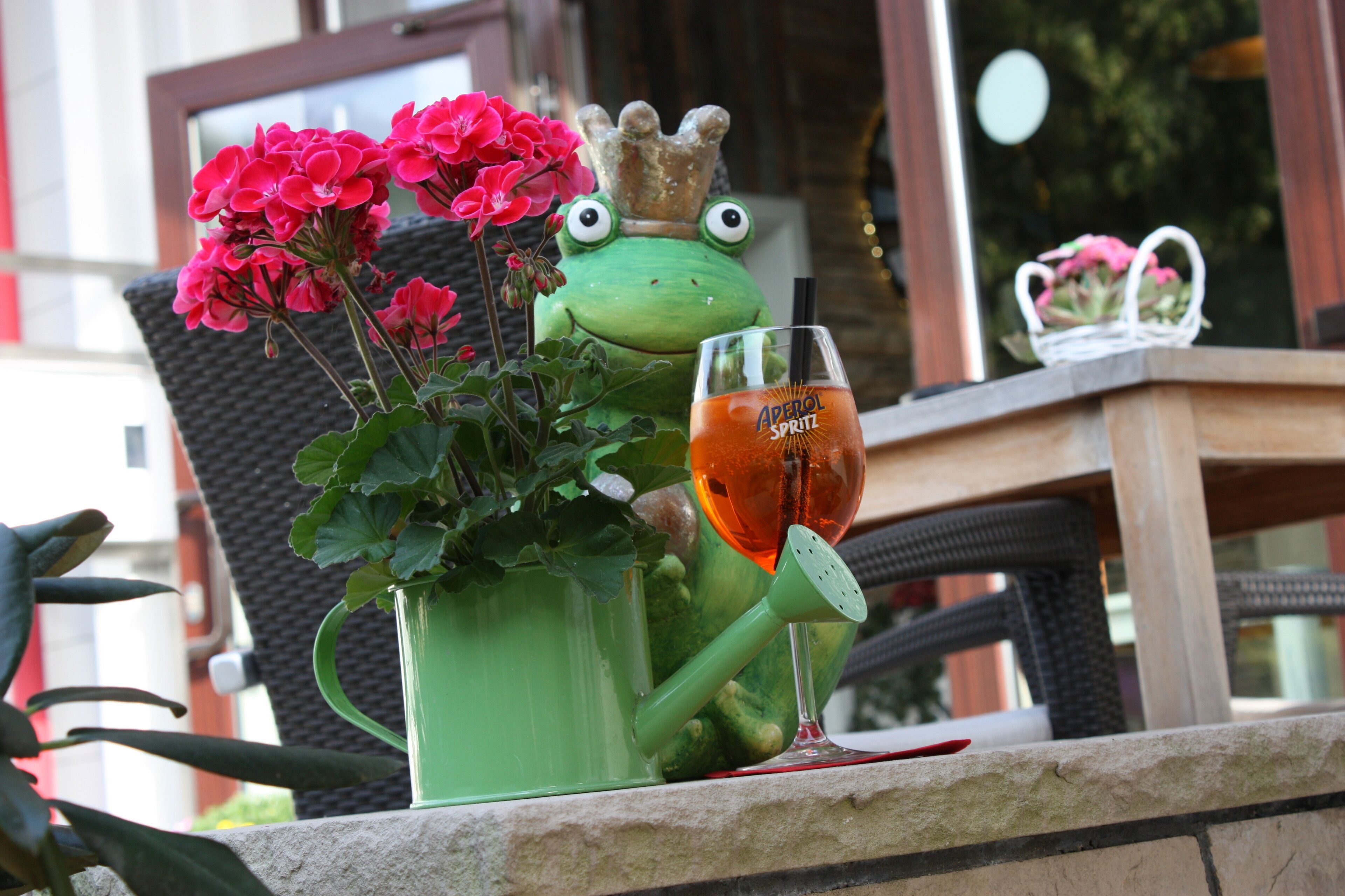 Groene gieter met roze bloemen, een kikkerbeeldje en een Aperol Spritz in een glas op een balkon.