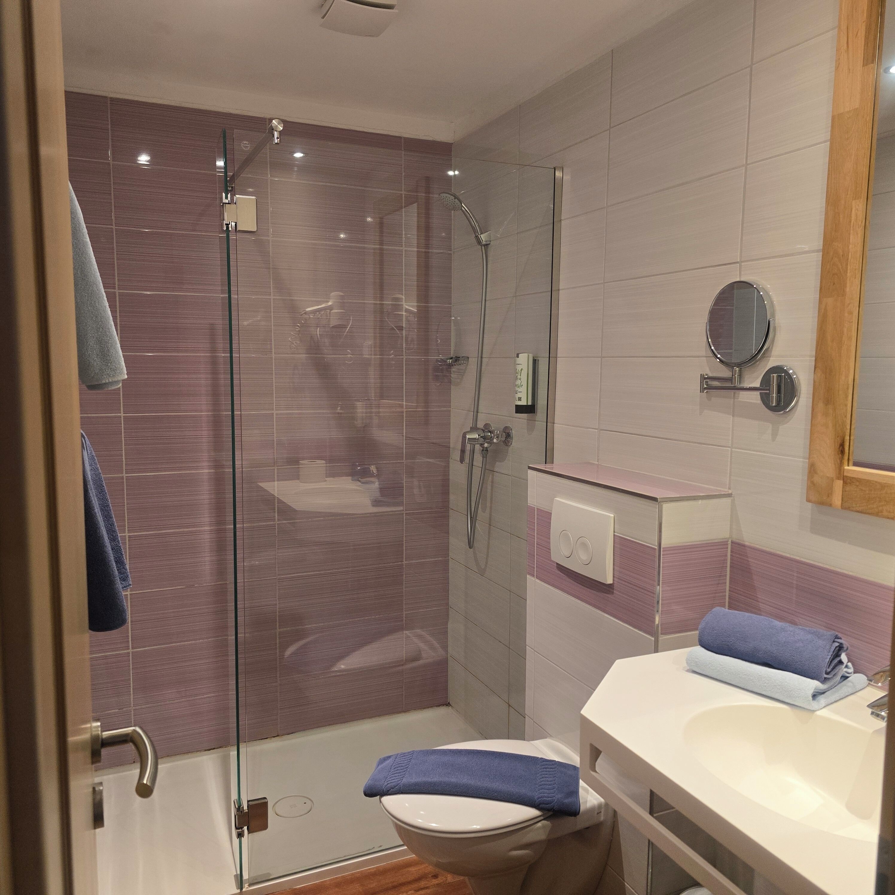 A modern bathroom with a glass shower enclosure, a white sink, and a mirror.