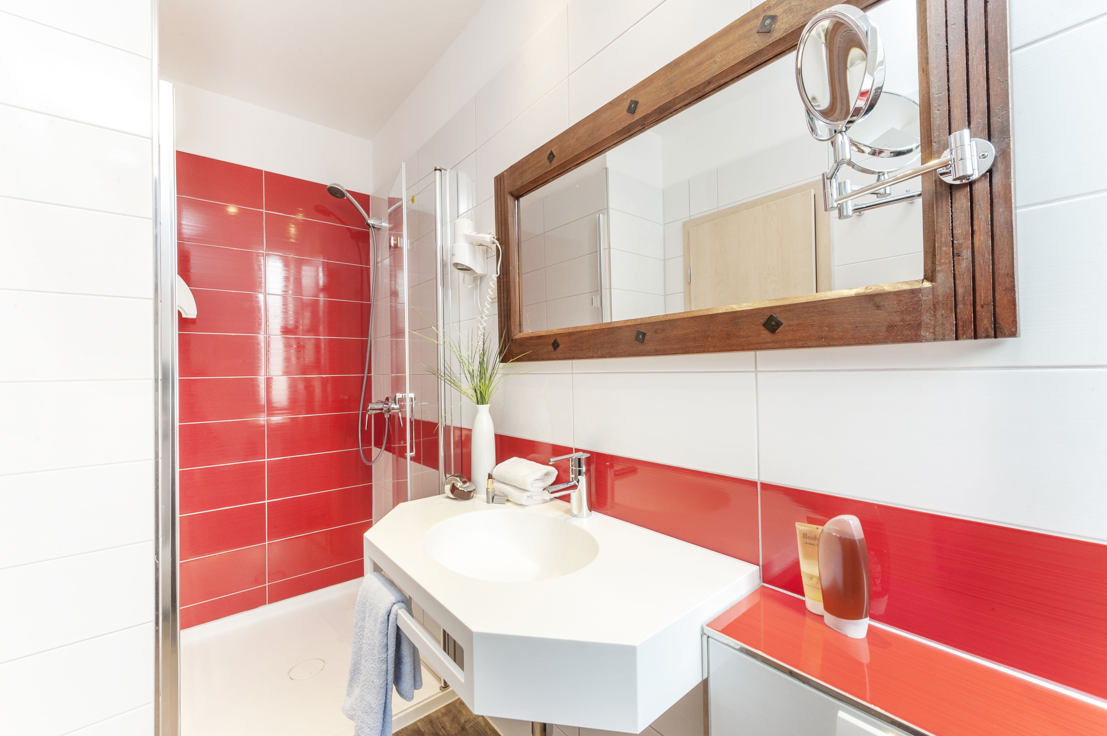 Shower, free toiletries, hair dryer, towels