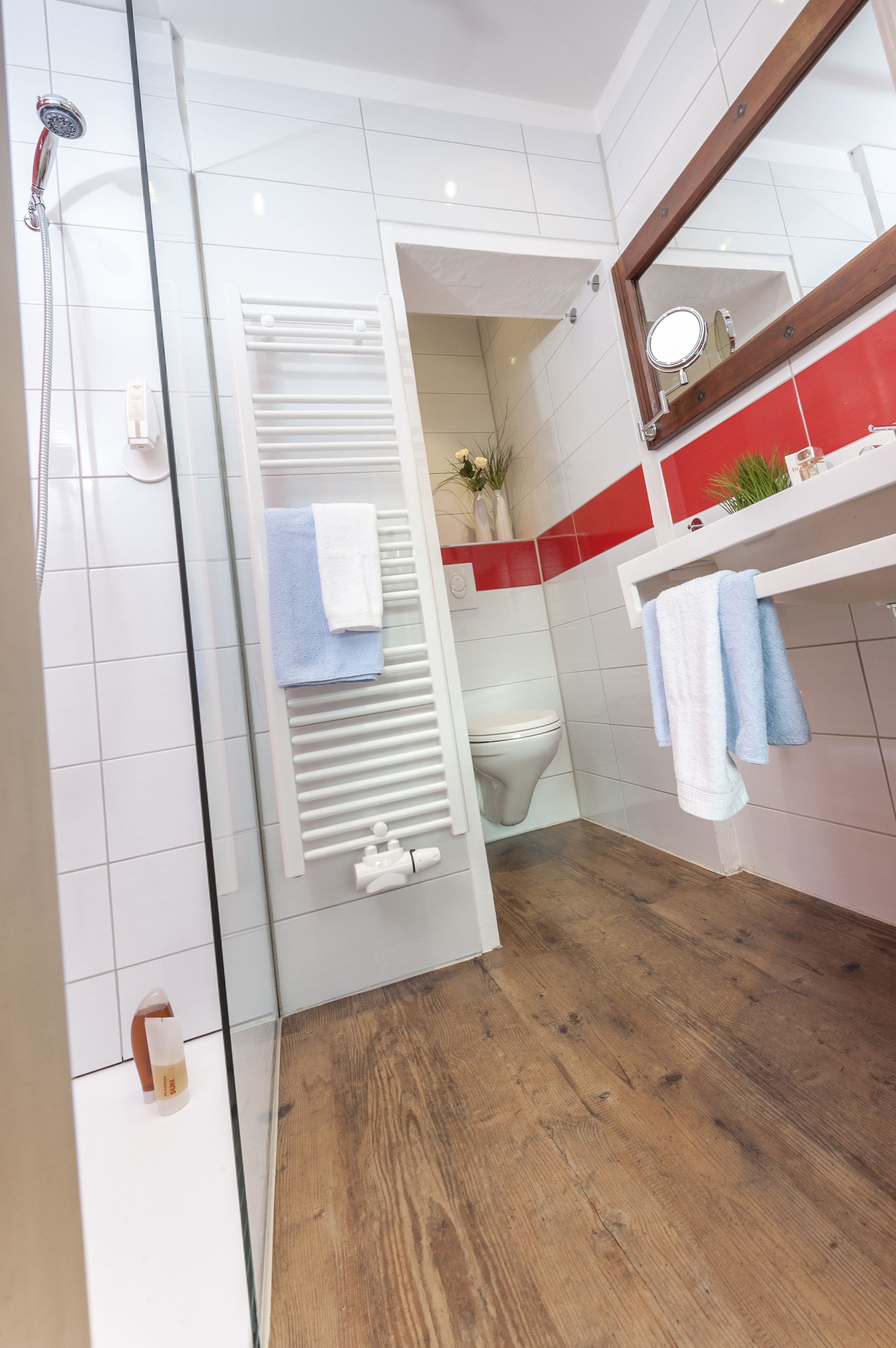 A modern bathroom with a shower, a toilet, a towel rack, and a mirror.