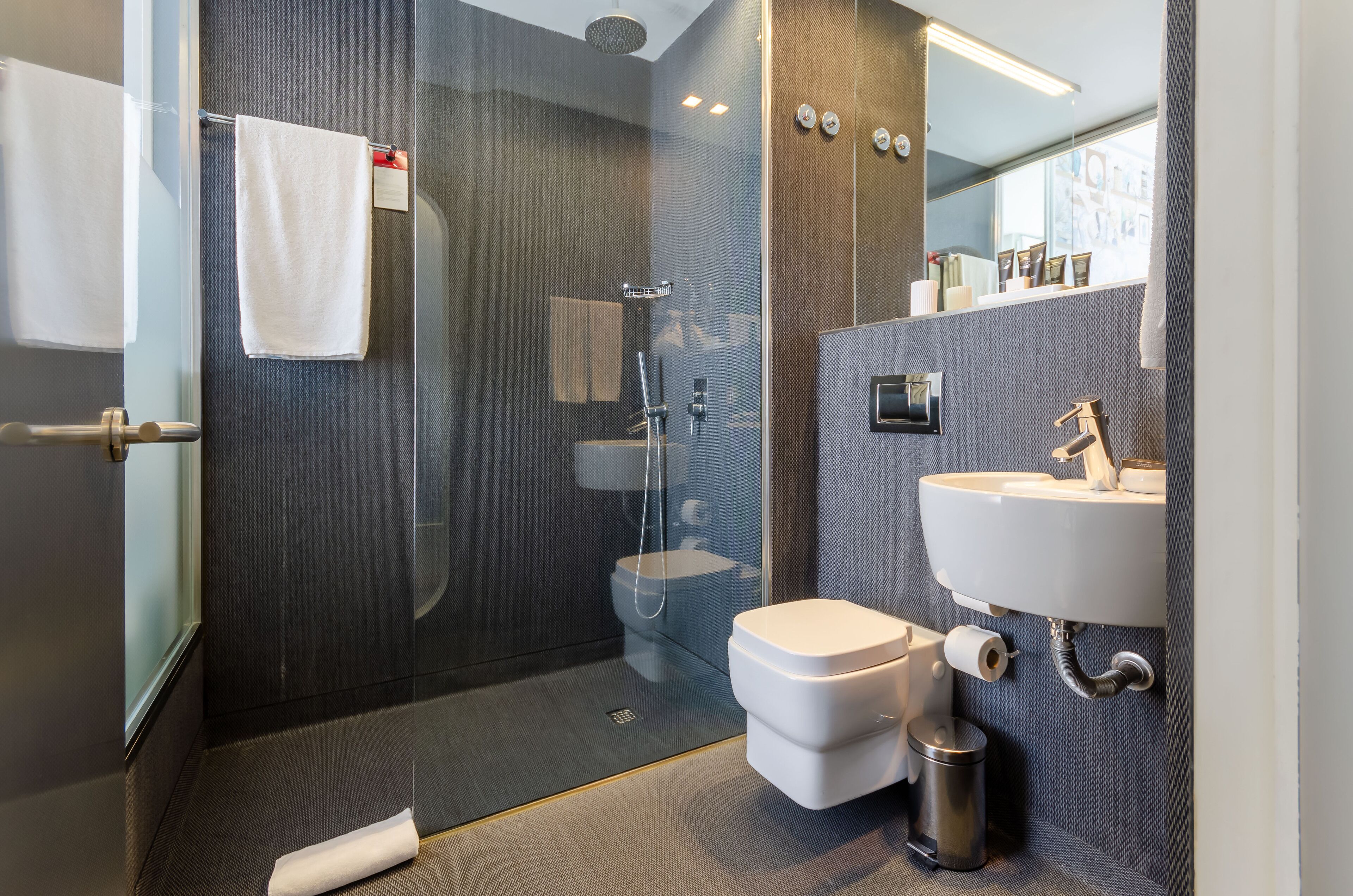 shower, free toiletries, hair dryer, towels