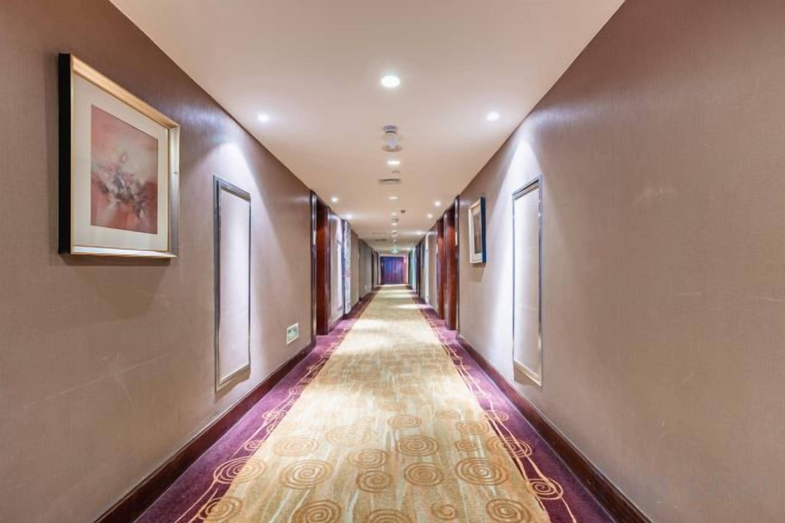 Un corridoio d'hotel con opere d'arte incorniciate alle pareti, una moquette fantasia e porte su entrambi i lati.