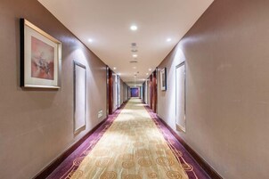 Un pasillo de hotel con cuadros enmarcados en las paredes, una alfombra estampada y puertas a ambos lados.