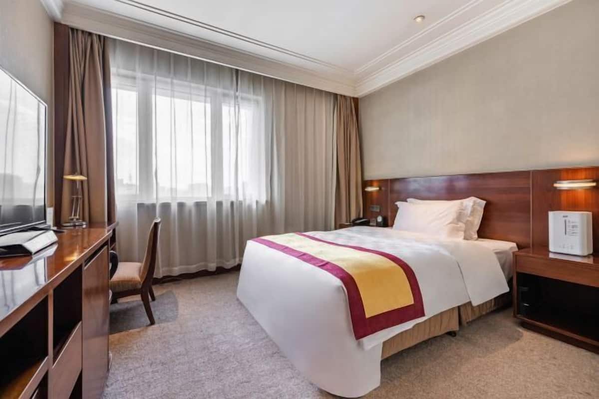 A hotel room with a bed, a desk, a chair, a television, and a window with curtains.