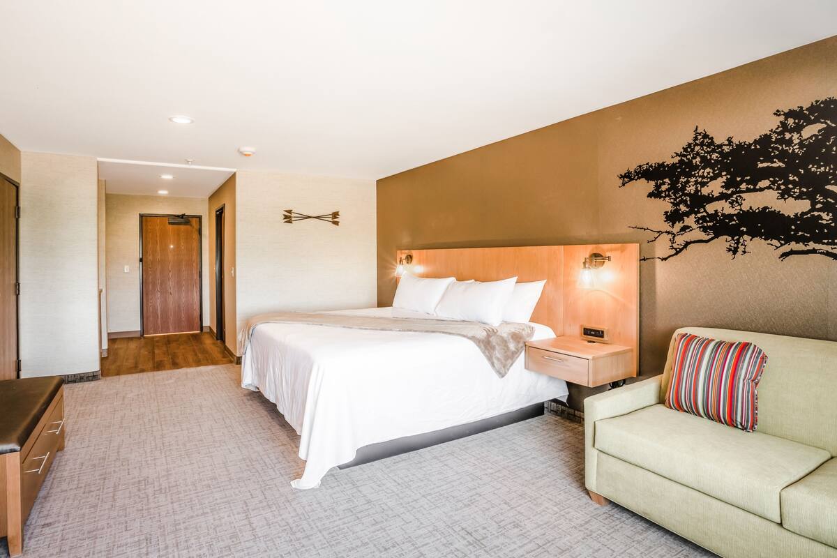 A hotel room with a large bed, a bedside table with a lamp, a sofa, and a wall-mounted artwork.