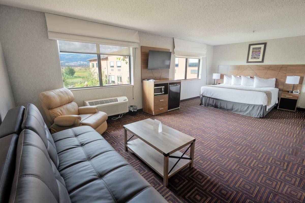 A hotel room with a bed, a sofa, a desk, a TV, and a view of the outside.