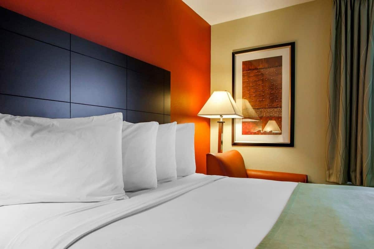 A hotel room with a large bed, a desk with a chair, a lamp, and a framed picture on the wall.