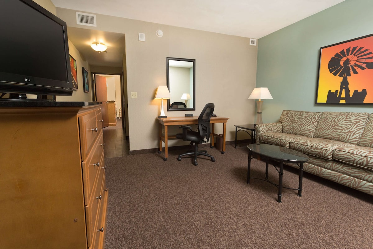 1 bedroom, desk, blackout curtains, iron/ironing board