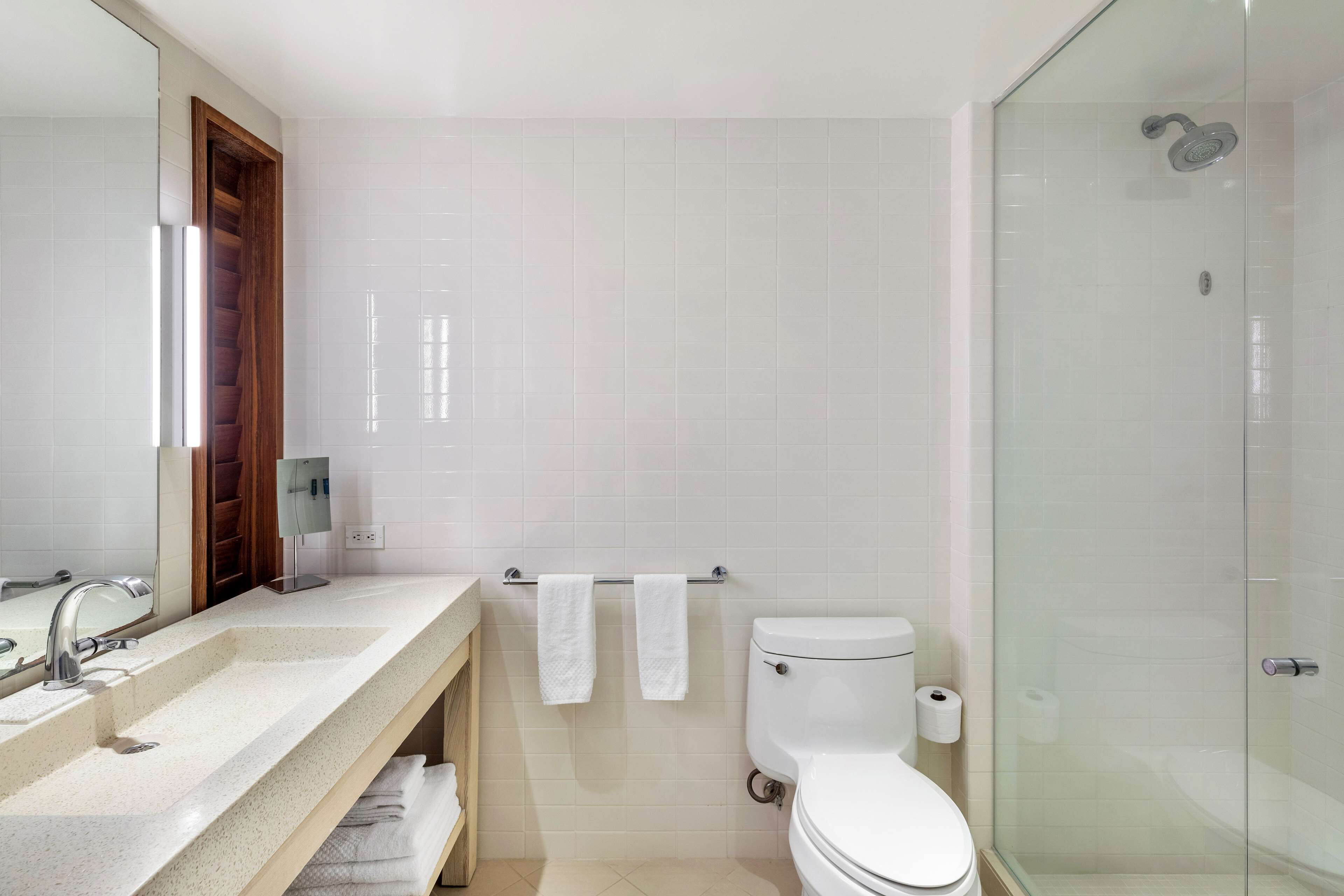 A modern bathroom with a large sink, a toilet, and a glass-enclosed shower.