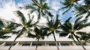 A hotel with multiple floors, palm trees, and a clear sky. - Hilton Vacation Club The Modern Honolulu (Honolulu)