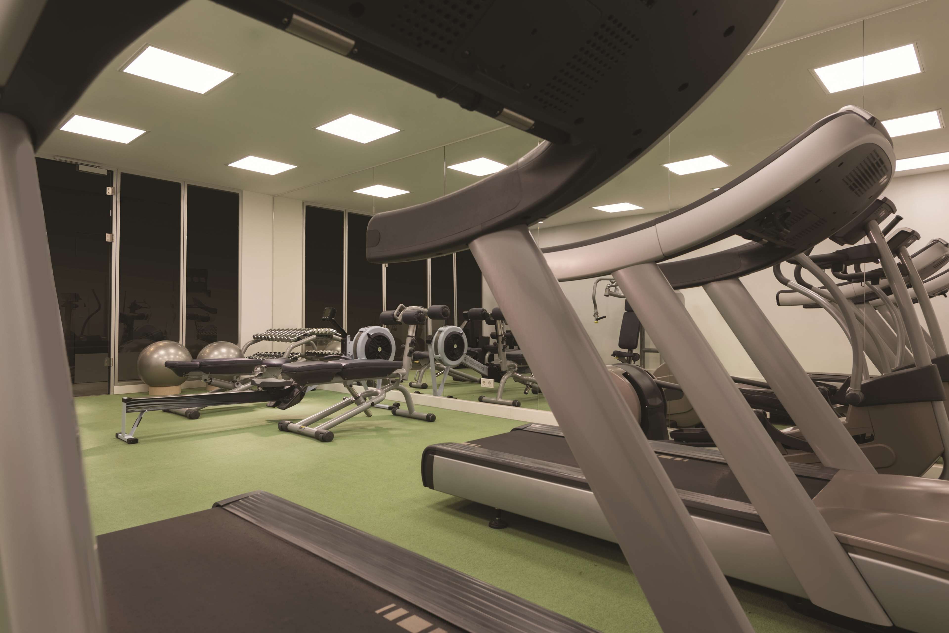 A gym with treadmills, elliptical machines, and free weights.