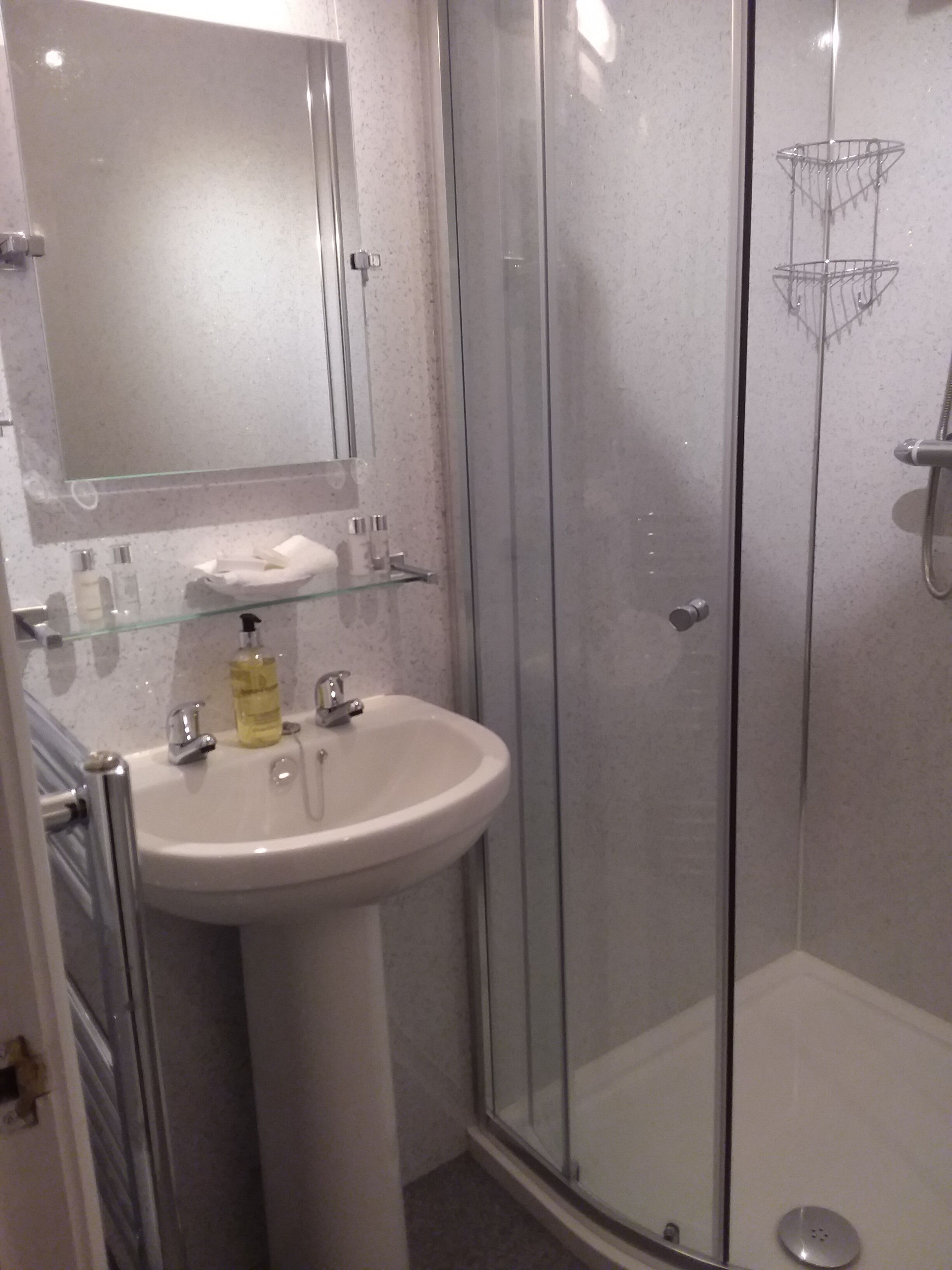 A bathroom with a glass-enclosed shower, a pedestal sink, and a mirror above the sink.