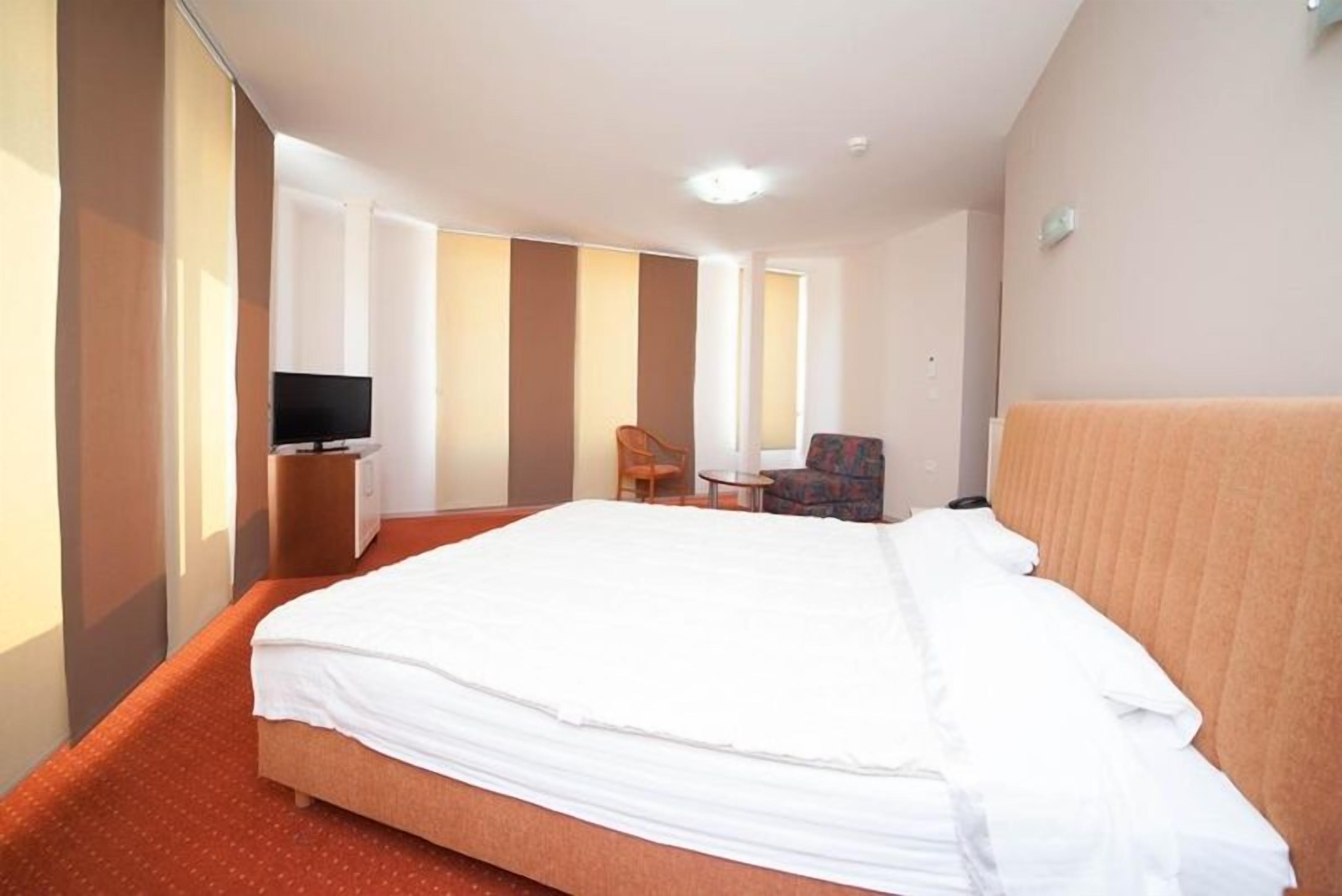 Une chambre d’hôtel avec un grand lit, un téléviseur posé sur un meuble, une chaise et un bureau.