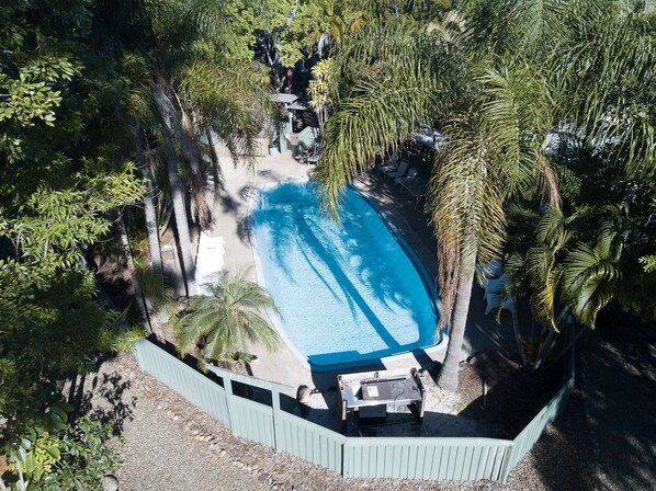 Vista aérea de una piscina rodeada de exuberante vegetación y una zona de estar techada.