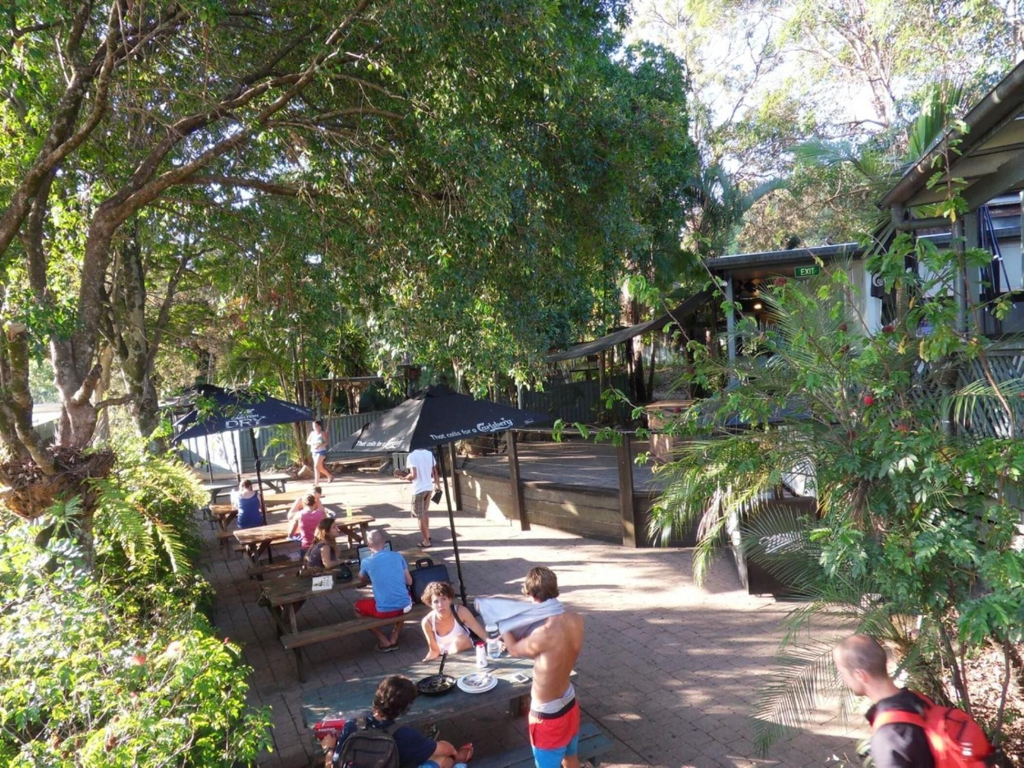 An outdoor dining area with wooden tables and benches, surrounded by lush greenery and trees.