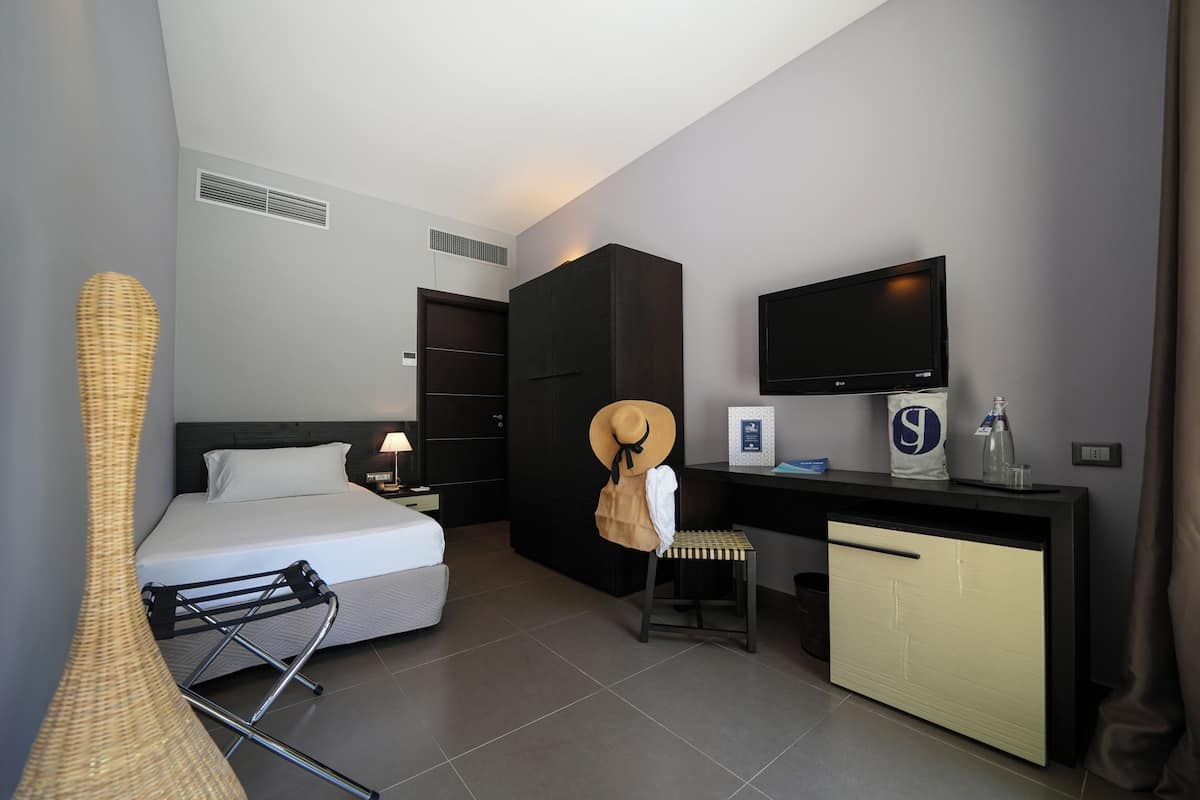 A hotel room with a bed, a desk, a television, a wardrobe, and a chair.