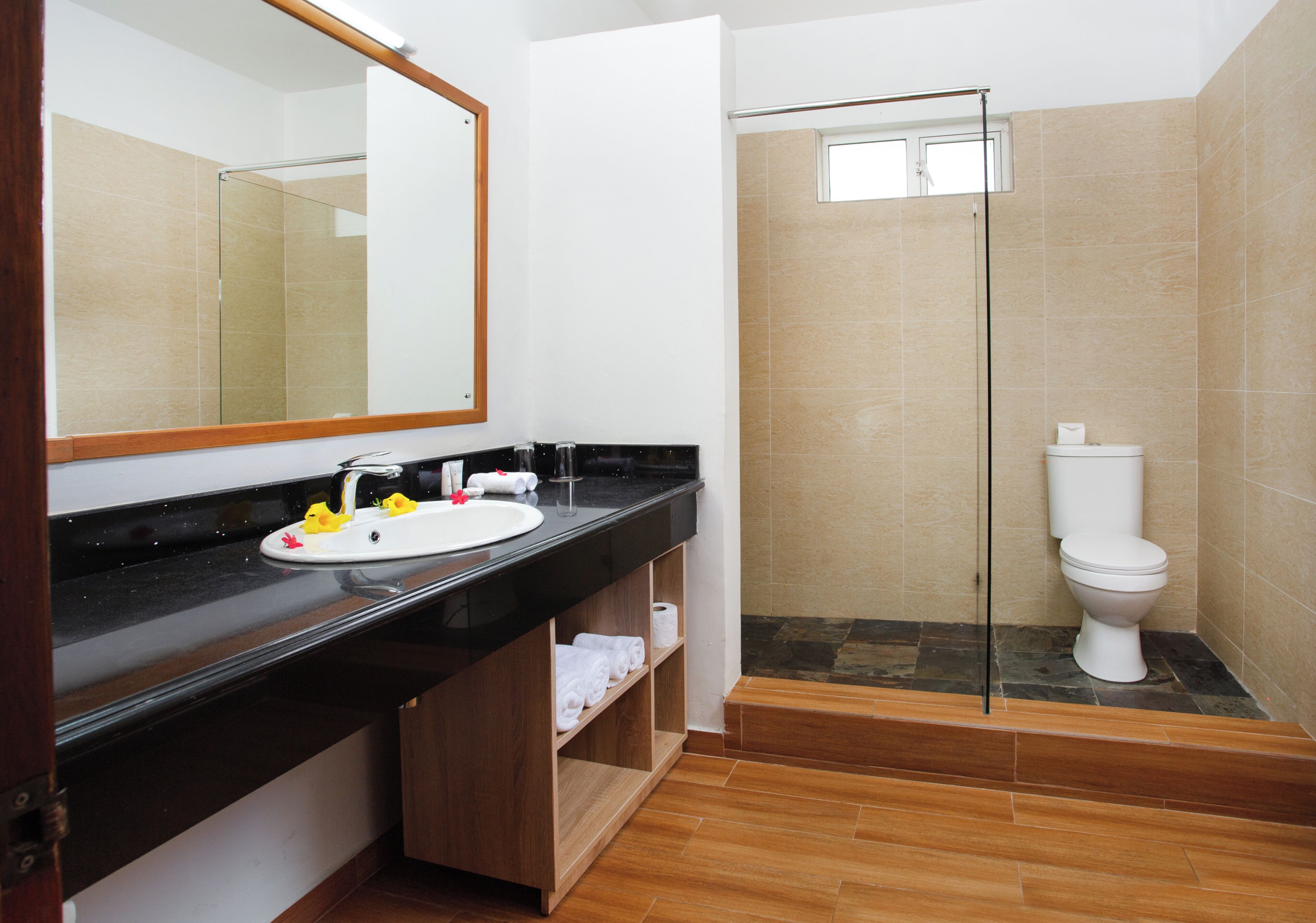 Une salle de bain moderne avec une douche à parois de verre, un lavabo blanc et des toilettes.