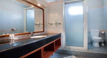 Family Room | Bathroom | Shower, free toiletries, hair dryer, towels