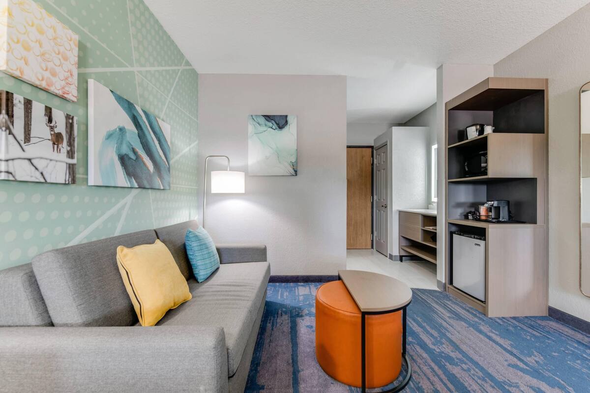 Una habitación de hotel moderna con un sofá gris, un reposapiés naranja redondo, una alfombra azul y naranja estampada, una pared con arte abstracto y una zona de kitchenette.