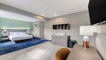 Desk, laptop workspace, blackout curtains, iron/ironing board