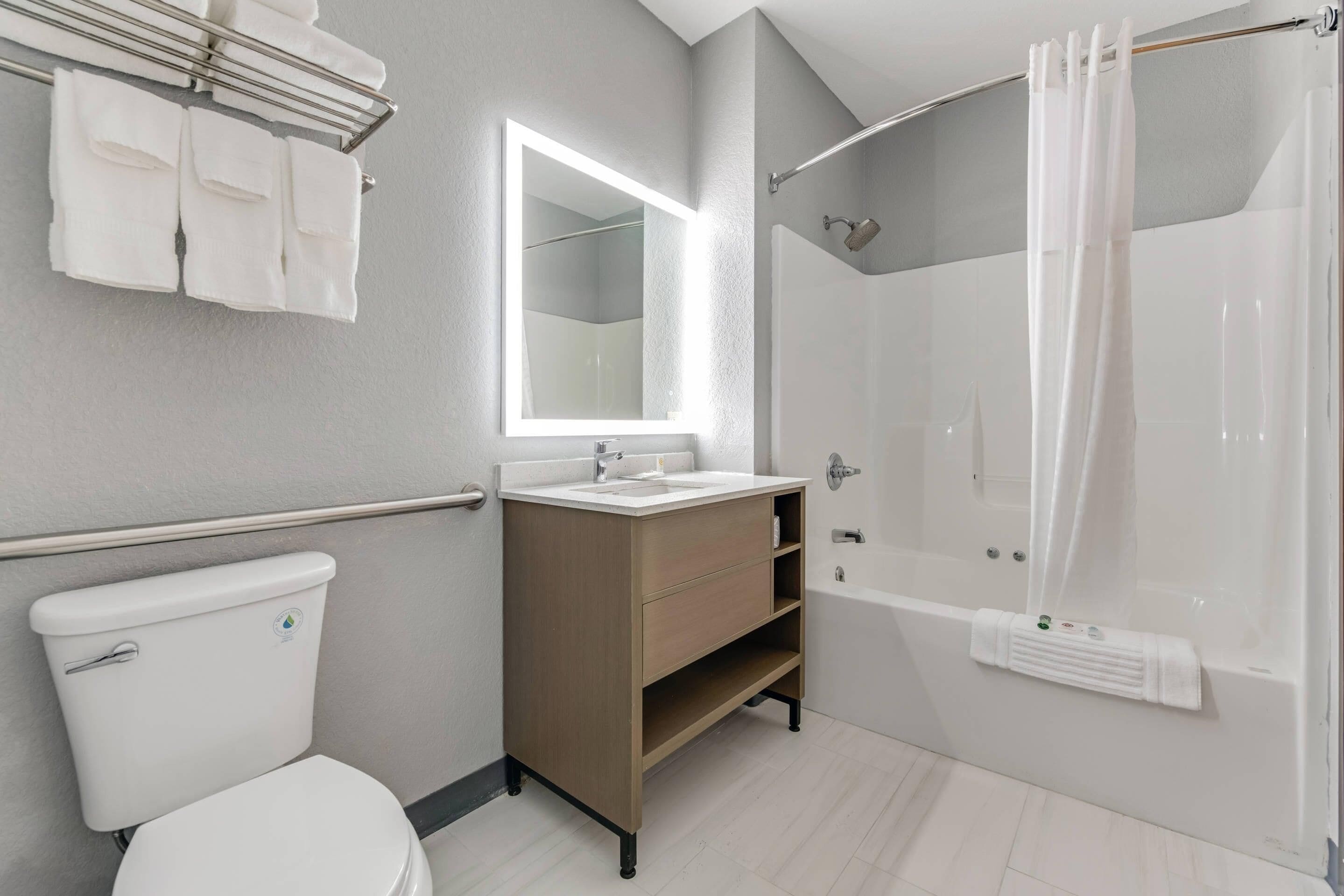 A modern bathroom with a toilet, sink, vanity, and a walk-in shower.