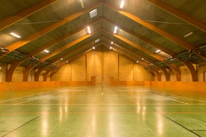An indoor sports hall with a high ceiling, wooden beams, and a green floor.