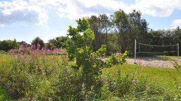 A volleyball court surrounded by lush greenery and flowering plants.