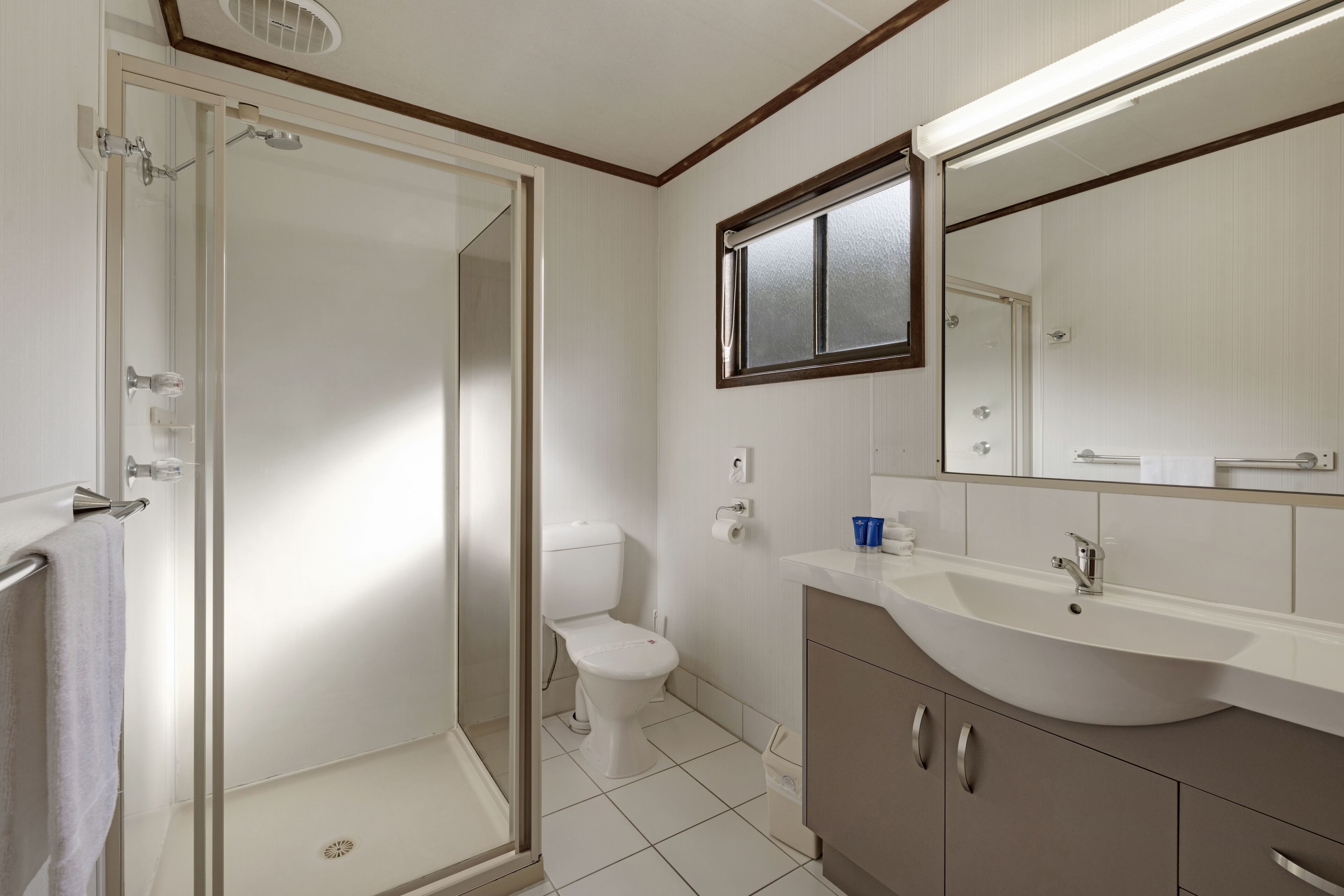 Et badeværelse med et brusekabine i glas, et hvidt toilet og en vask med et spejl over.
