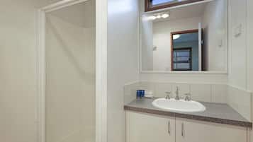 A modern bathroom with a glass shower enclosure, a white sink, and a mirror above it.