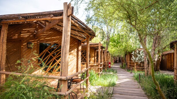 A wooden pathway leading to rustic wooden cabins surrounded by greenery. - Hotel Kimal (San Pedro de Atacama)