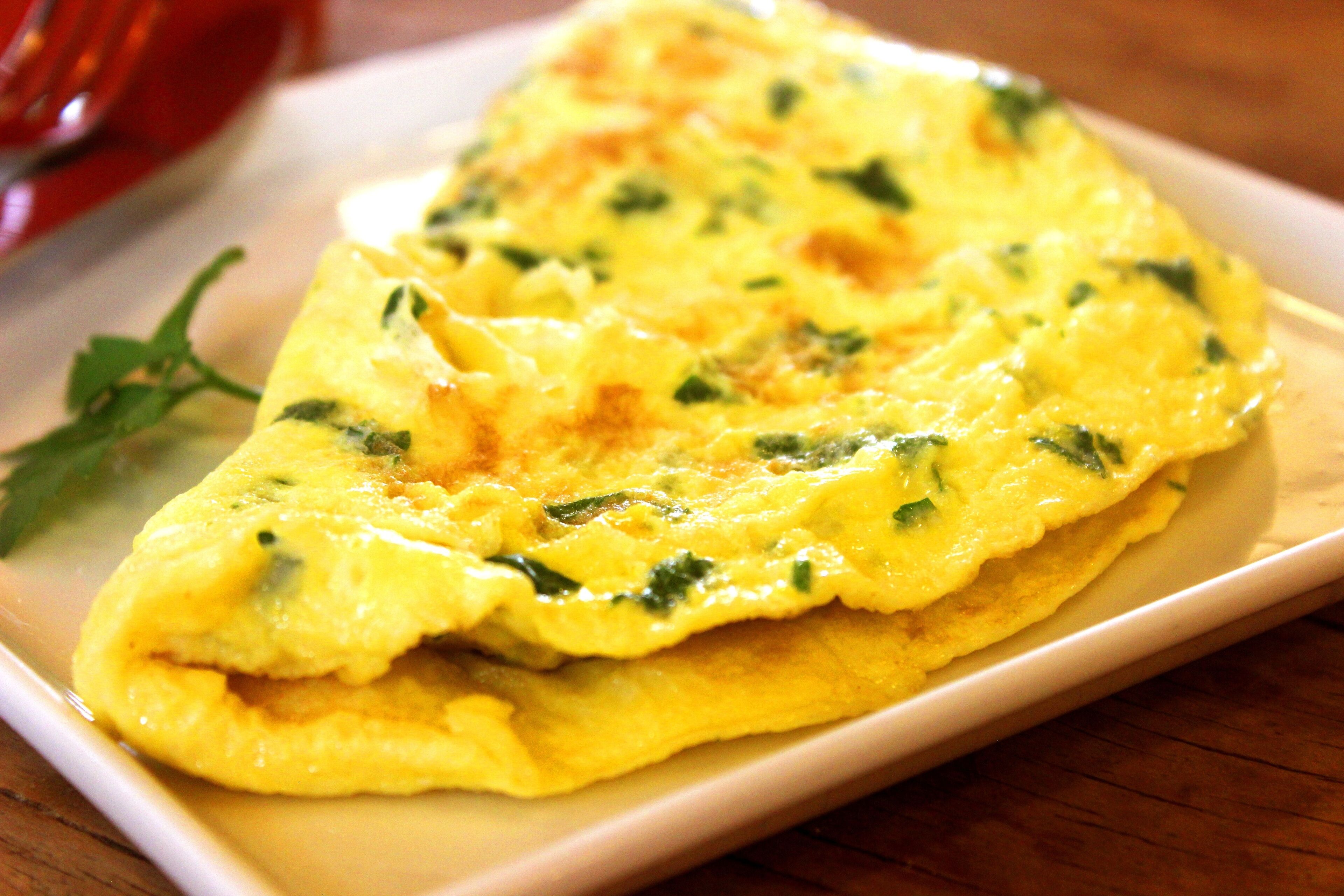 Una tortilla francesa doblada sobre un plato blanco.