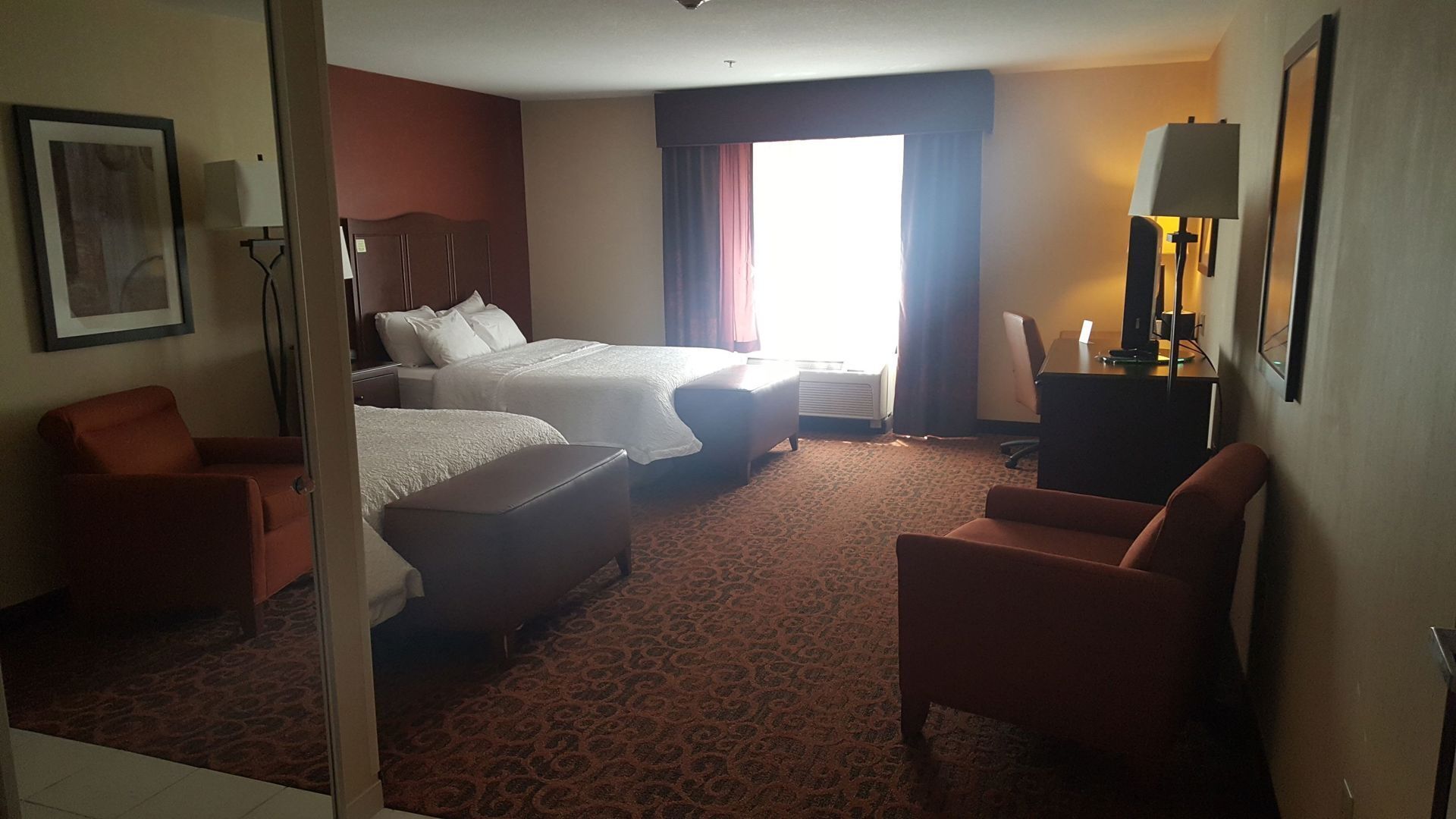 Down comforters, desk, laptop workspace, iron/ironing board