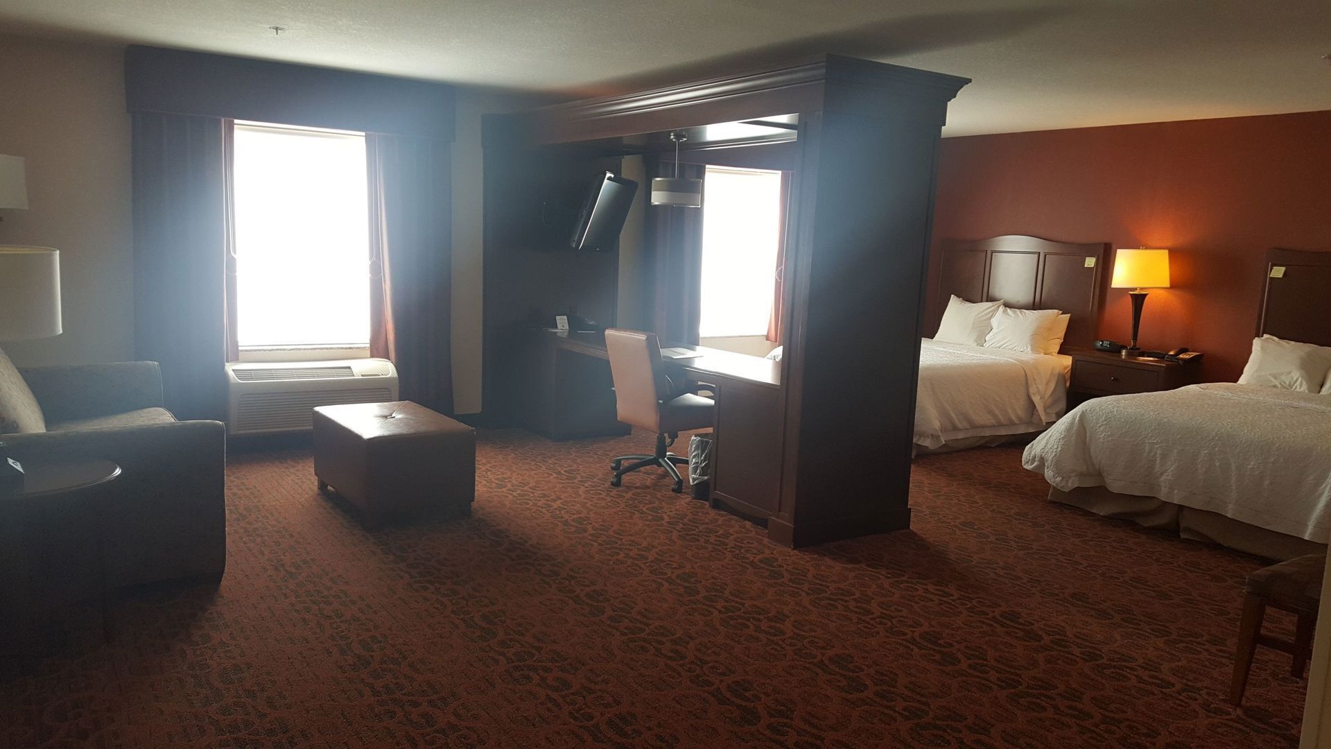 Down comforters, desk, laptop workspace, iron/ironing board