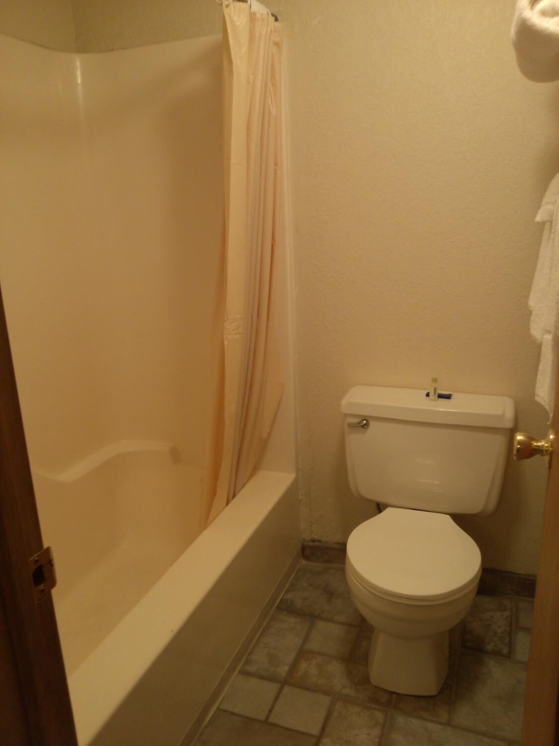 A bathroom with a bathtub, toilet, and shower curtain.