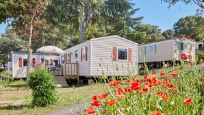 A row of mobile homes with a paved path in the foreground and red poppies. - Domaine de Plein Air Odalys La Pinède (Agde)