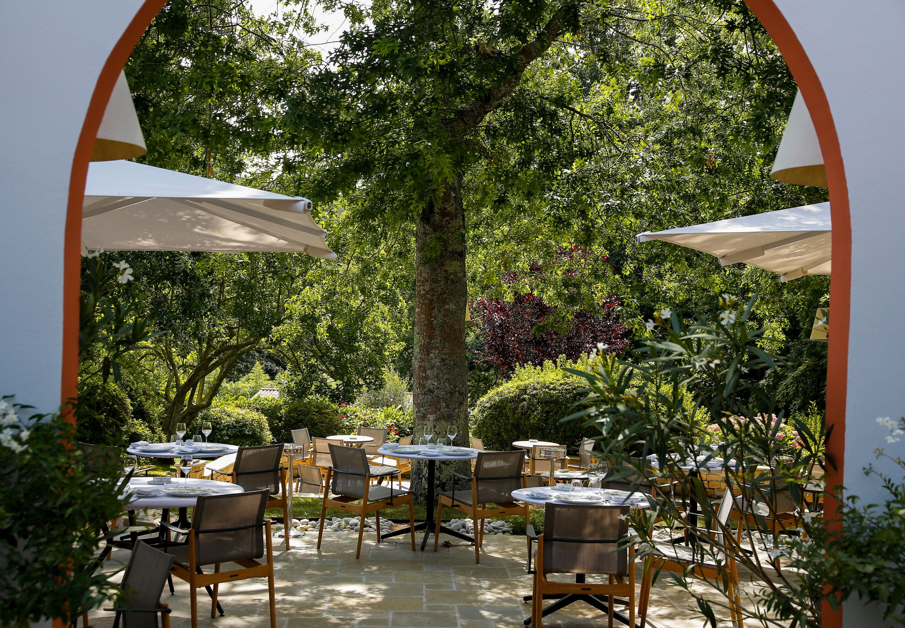 Serveert lunch, diner, Franse gerechten, uitzicht op de tuin 