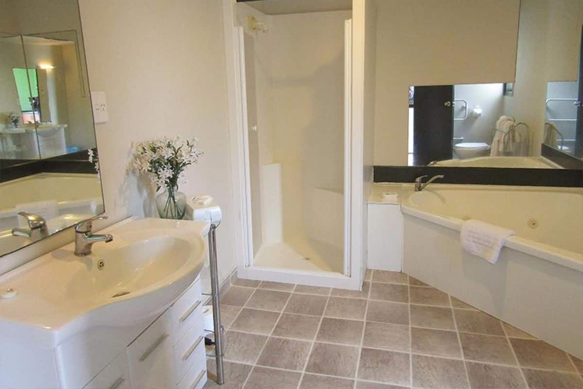 Separate tub and shower, jetted tub, free toiletries, hair dryer