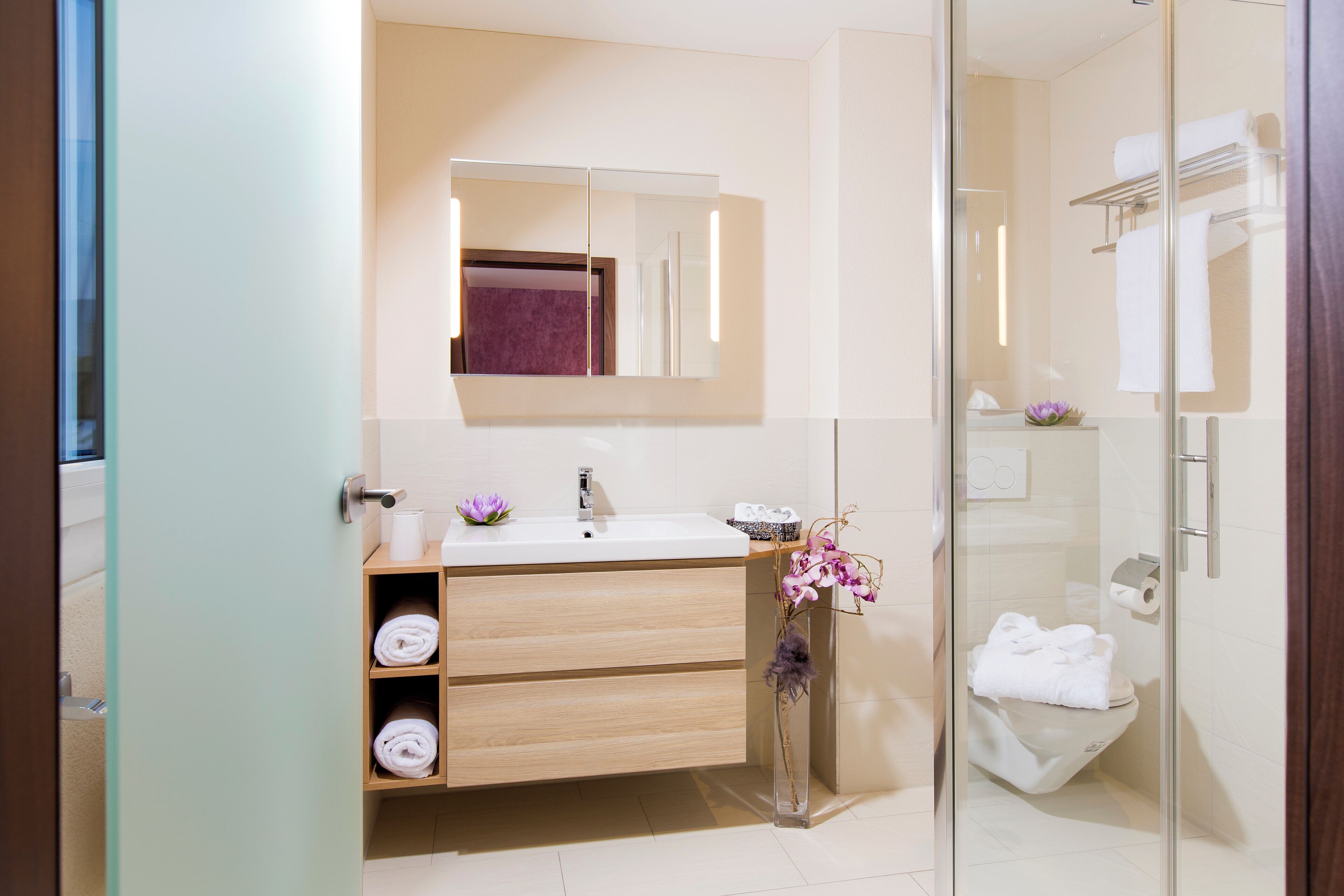 A modern bathroom with a glass shower enclosure, a white sink, and a mirror above it.