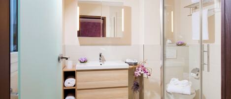 A modern bathroom with a glass shower enclosure, a white sink, and a mirror above it.