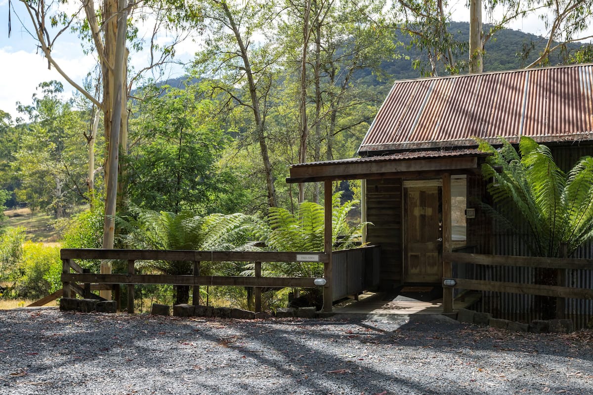 A rustic wooden building with a corrugated metal roof, surrounded by lush greenery and trees.