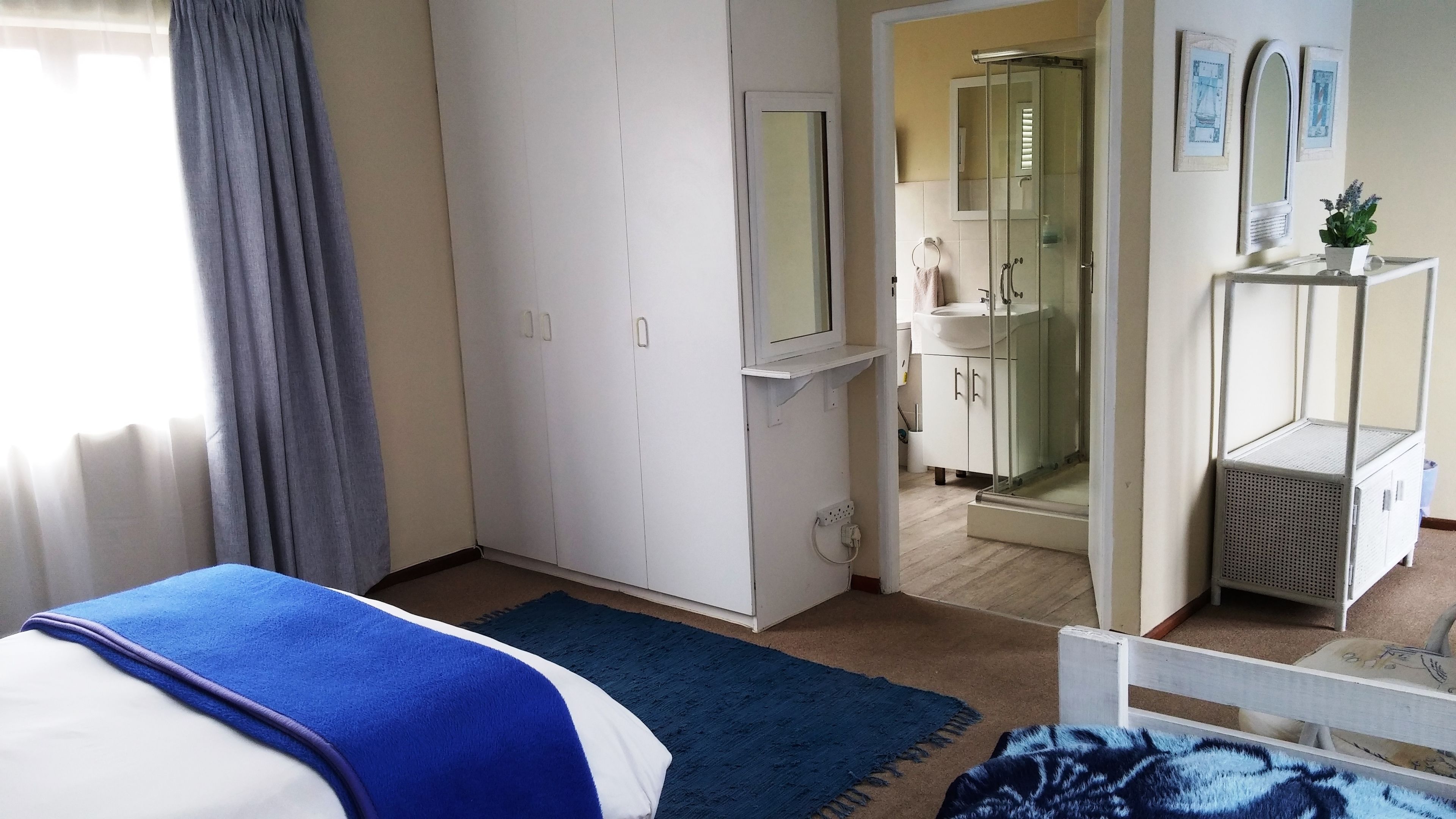 A bedroom with a bed, a wardrobe, a bathroom with a shower, and a small table with a plant.