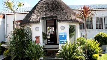 A building with a thatched roof entrance, a sign for Dolphin Inn B&B, and a well-maintained garden with various plants.