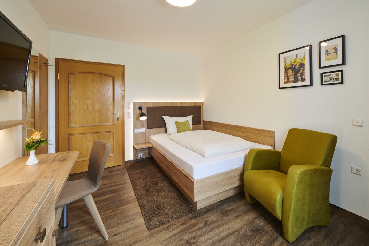 Una habitación de hotel con cama, escritorio, silla y televisor.