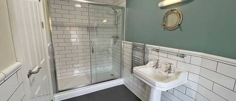 Une salle de bain avec une douche à parois de verre, un lavabo blanc et un miroir avec un cadre doré.