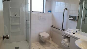 Ein modernes Badezimmer mit einer Duschkabine, einer Toilette und einem Waschbecken mit Spiegel.