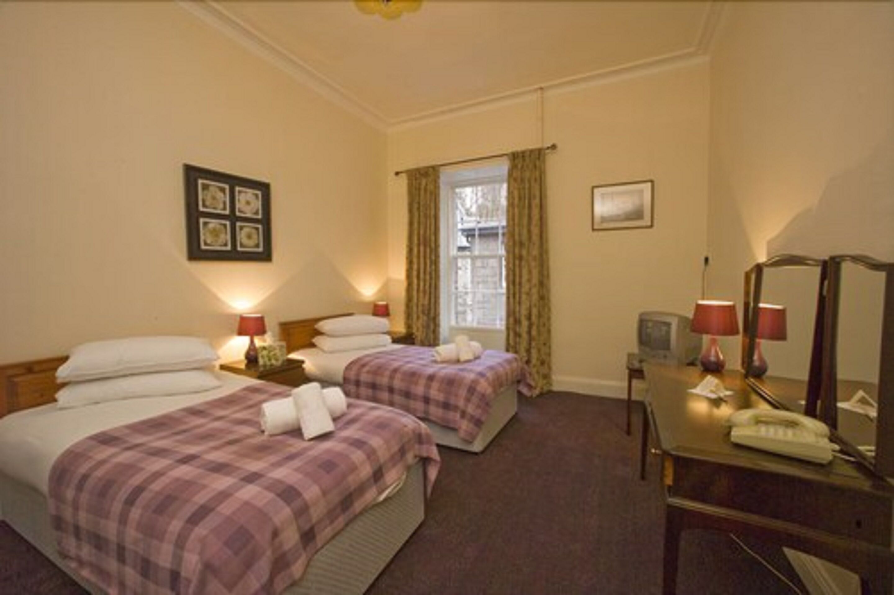 twin room | desk, iron/ironing board, bed sheets