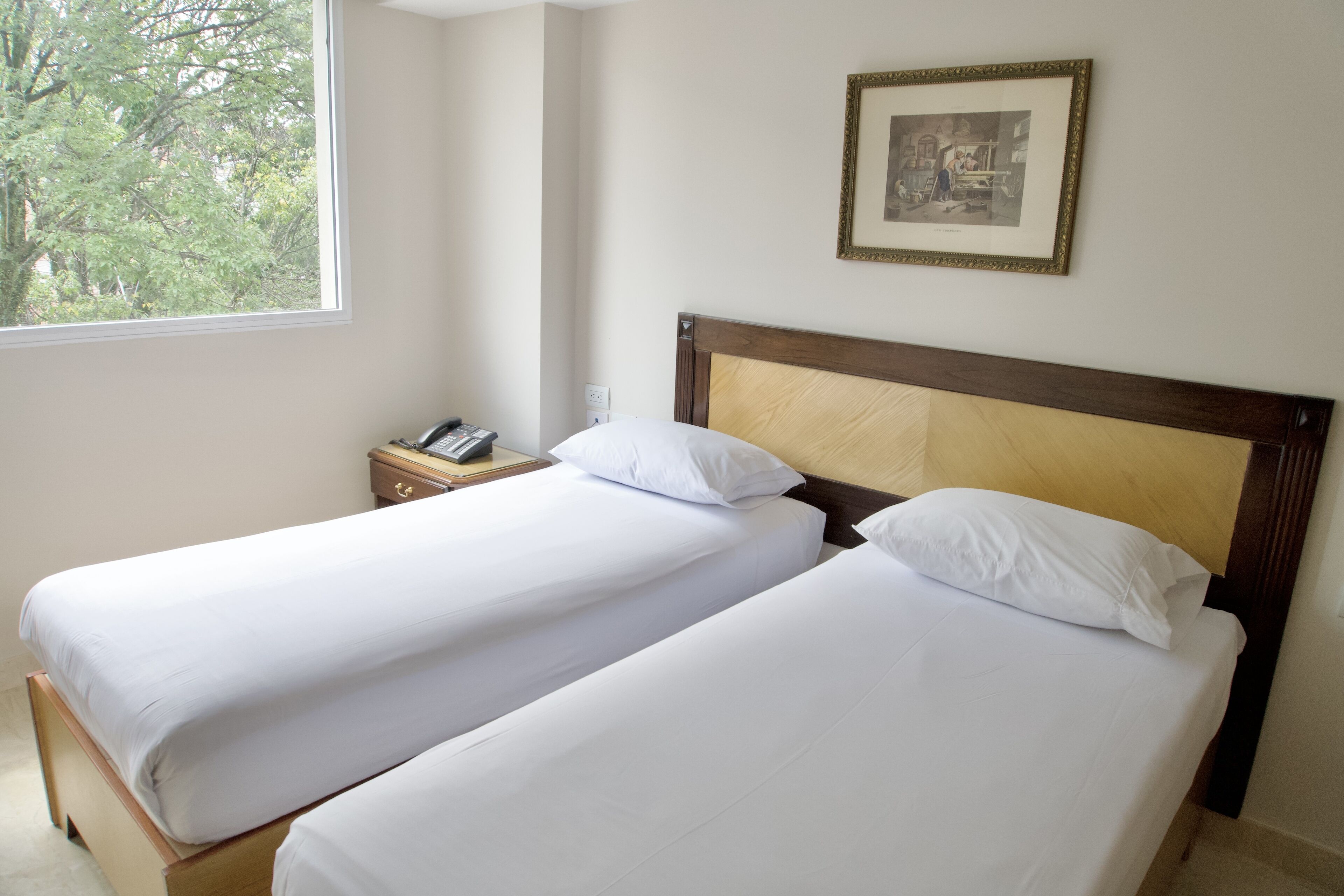 Una habitación de hotel con dos camas individuales, una mesita de noche con un teléfono, un cuadro en la pared y una ventana con vistas a árboles.