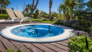 Un jacuzzi rodeado por una terraza de madera, con sillas reclinables y plantas tropicales.