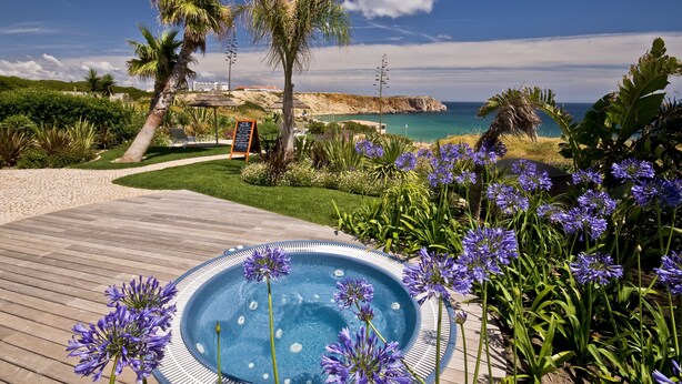 Una terraza de madera con un jacuzzi rodeado de flores coloridas, con vistas a un paisaje costero con palmeras y cielo despejado.